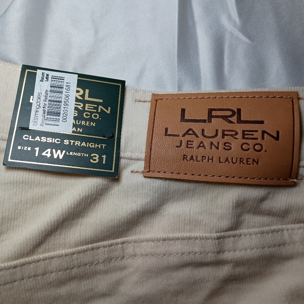 LRL Lauren Jeans Co. Cream Corduroy Pants –Size 14W Slimming Classic Straight - Picture 7 of 13